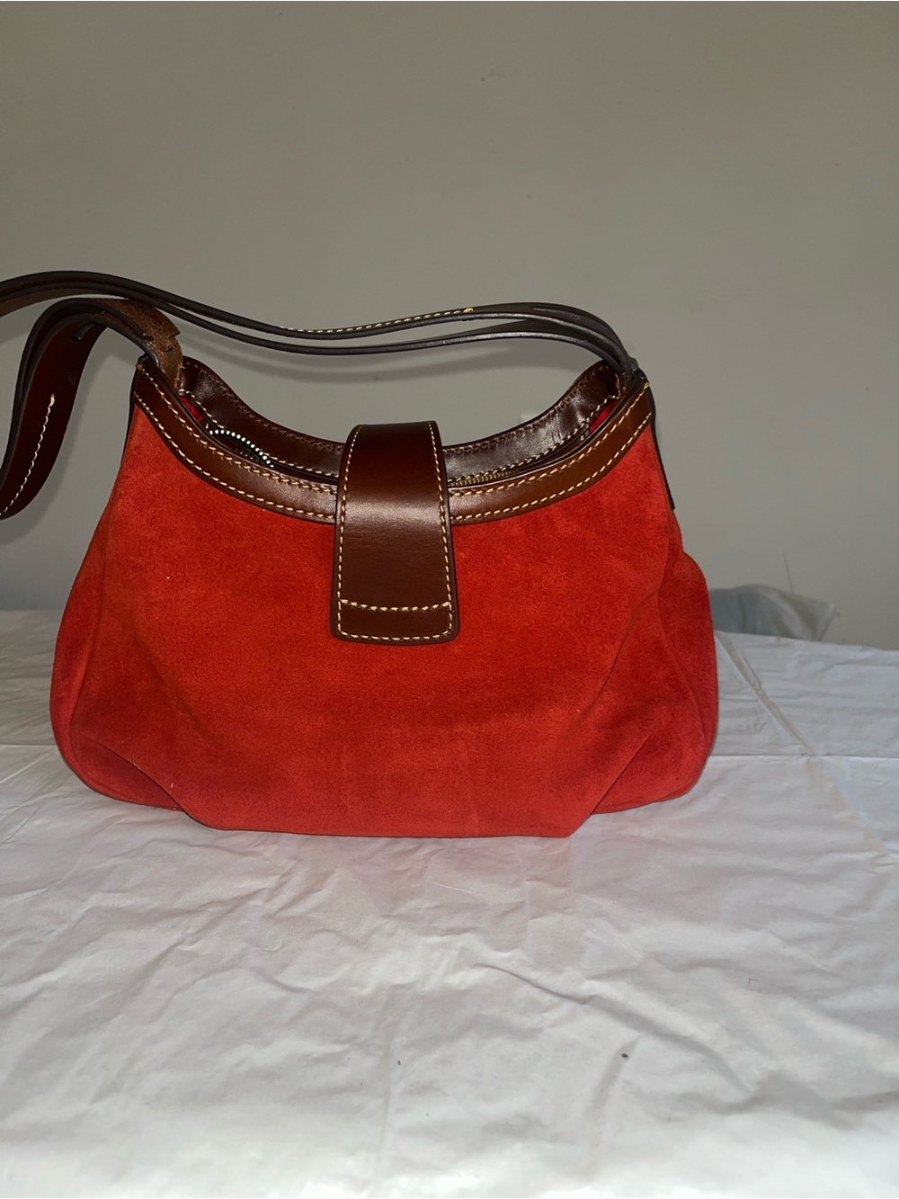 Dooney & Bourke Red Suede Shoulder Bag with Brown Leather Trim - Picture 3 of 3
